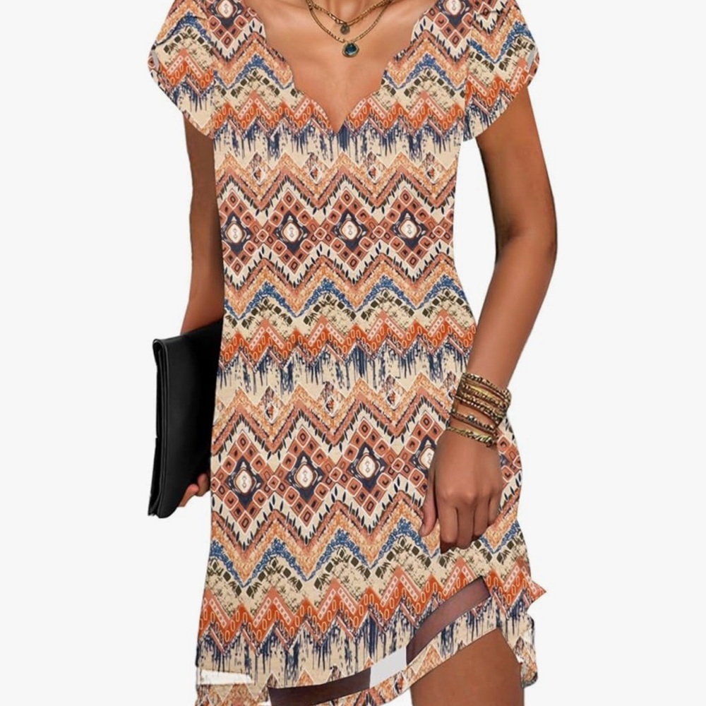 Bohemian Chevron Dress in Cream & Orange with detail at hem